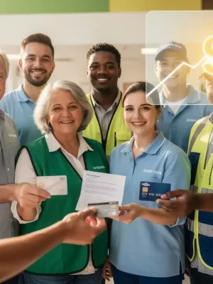 Trabajadores de bajos ingresos recibiendo apoyo financiero y sonriendo, simbolizando los nuevos beneficios para 2026.