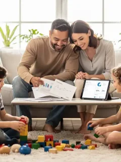 Familia feliz con niños pequeños, simbolizando los beneficios y el alivio financiero por créditos fiscales de cuidado infantil.