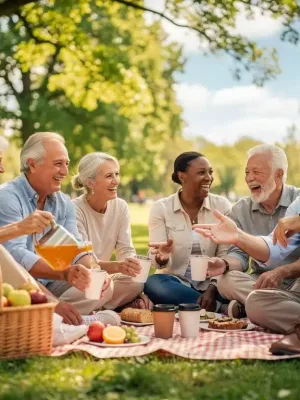 Grupo de jubilados sonriendo y disfrutando de un picnic al aire libre en un parque soleado, reflejando una jubilación segura y feliz.