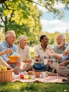 Grupo de jubilados sonriendo y disfrutando de un picnic al aire libre en un parque soleado, reflejando una jubilación segura y feliz.