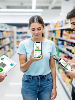 Consumidores usando dispositivos para acceder a información detallada de productos bajo la nueva ley de datos abiertos.