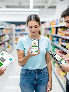 Consumidores usando dispositivos para acceder a información detallada de productos bajo la nueva ley de datos abiertos.