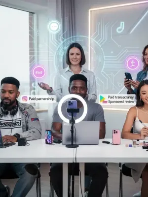 Influencers de diversas áreas interactuando en redes sociales con símbolos de transparencia, representando las nuevas reglas en EE. UU.