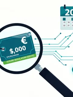 Lupa examinando una etiqueta de precio con el año 2026 y símbolos de dólar, representando la Ley de Transparencia de Precios de 2026 y su efecto en los descuentos al consumidor.