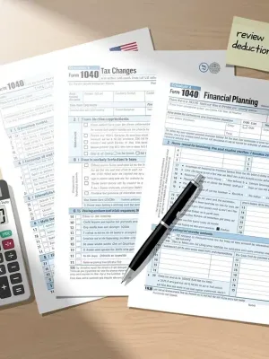 Documentos fiscales, calculadora y pluma en un escritorio, representando la planificación financiera y los próximos cambios fiscales en EE. UU. para 2026.