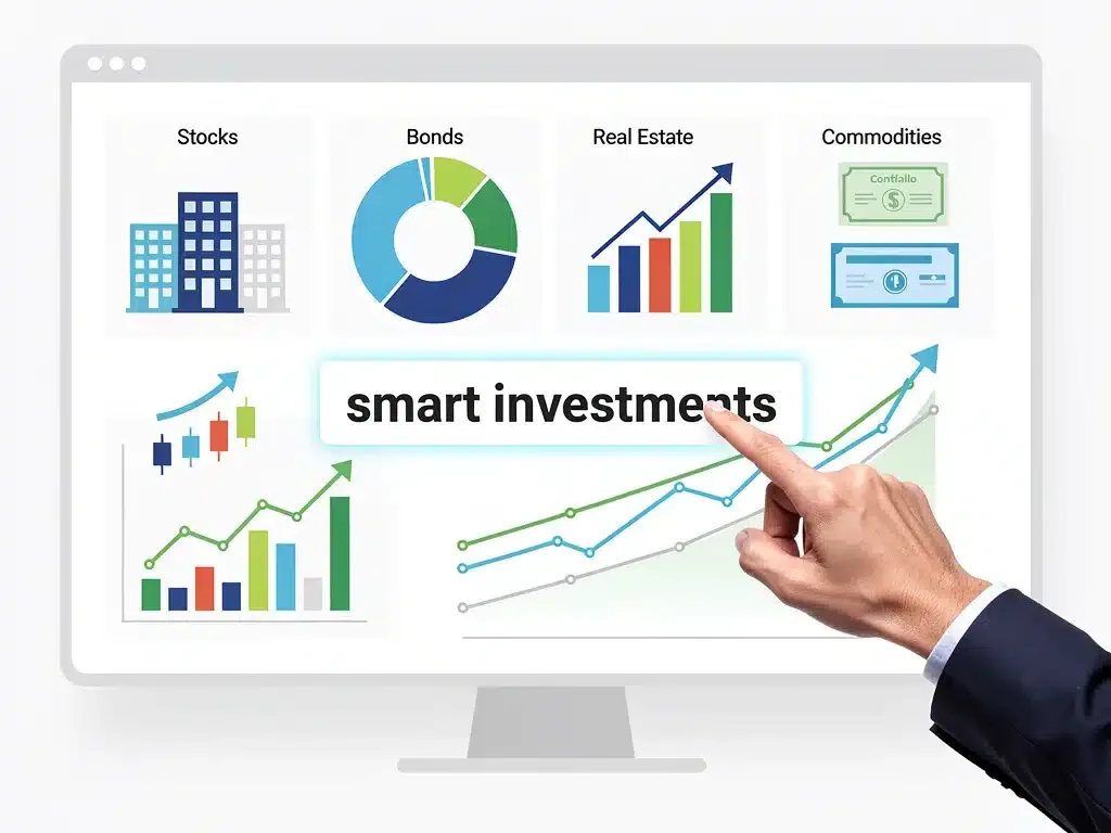 Representación gráfica de un portafolio de inversiones diversificado, con activos como acciones y bienes raíces, simbolizando crecimiento y gestión estratégica de la riqueza.