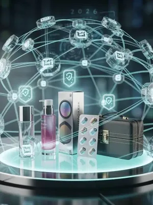 Red de blockchain futurista asegurando la autenticidad de productos de prueba para 2026.