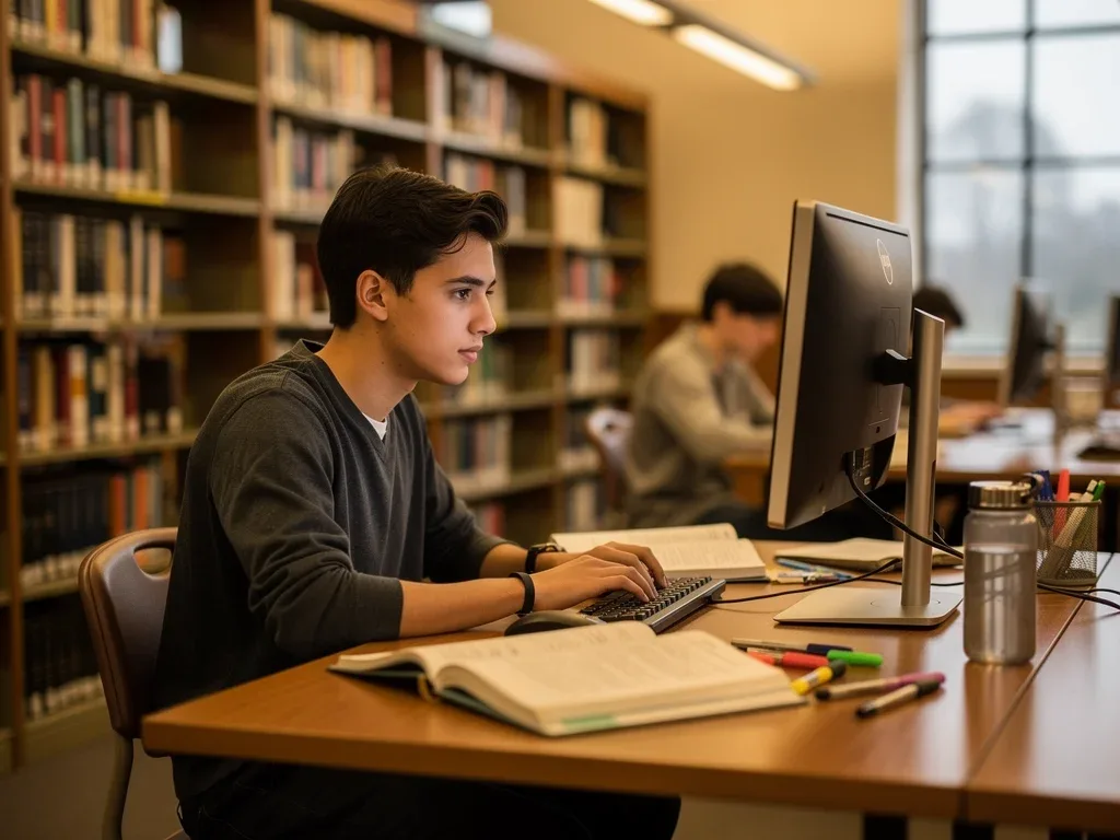 Estudiante trabajando en una biblioteca universitaria mediante un empleo académico.