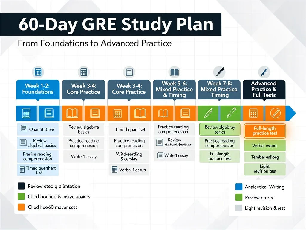 Infografía detallada de un plan de estudio GRE de 60 días para maximizar el rendimiento.