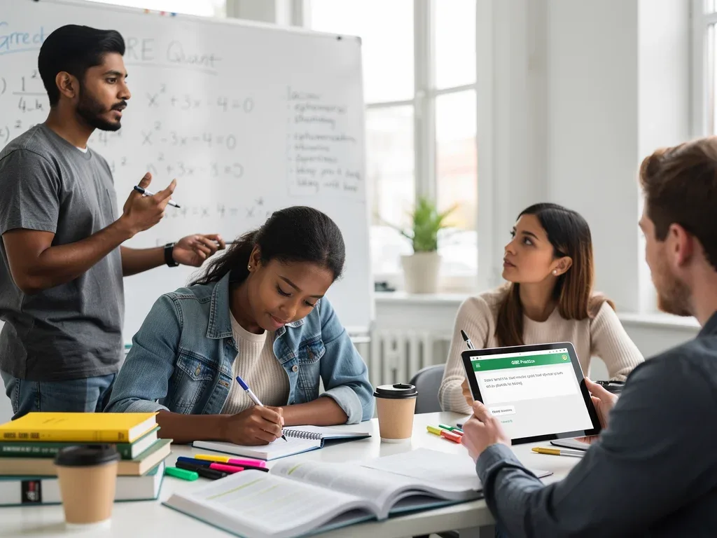 Grupo de estudio colaborando en la preparación para el examen GRE.