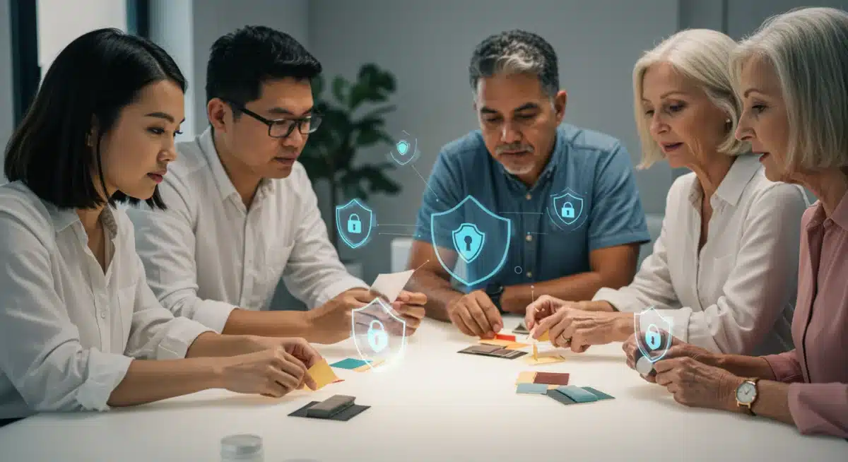 Consumers reviewing products with privacy symbols.