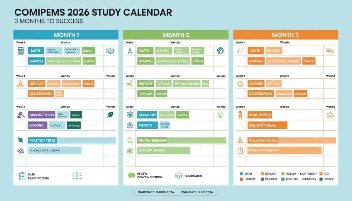 Calendario de estudio detallado para la preparación del examen COMIPEMS 2026, mostrando la distribución de materias por semanas.