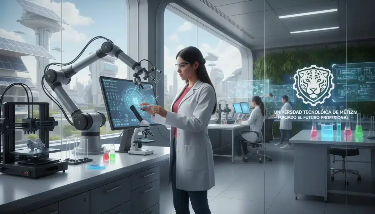 Estudiante en laboratorio moderno preparándose para el futuro laboral.