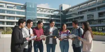 Estudiantes mexicanos discutiendo opciones universitarias en un campus moderno para el año 2026.
