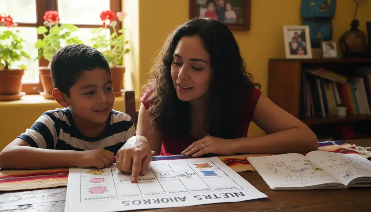 Padre e hijo mexicanos revisando un presupuesto sencillo en casa, reforzando la educación financiera aprendida en la escuela.