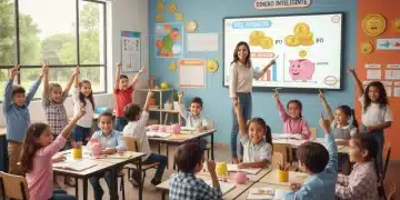 Niños mexicanos de primaria aprendiendo sobre educación financiera con entusiasmo en un aula moderna y colorida, utilizando materiales didácticos visuales.