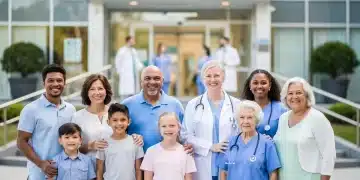 Grupo diverso de personas satisfechas con acceso universal a la salud en 2026.