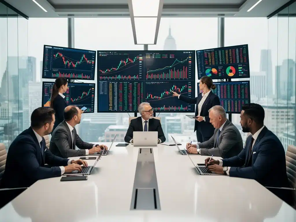 Inversores analizando tendencias del mercado de criptomonedas en múltiples pantallas, destacando la toma de decisiones basada en datos.