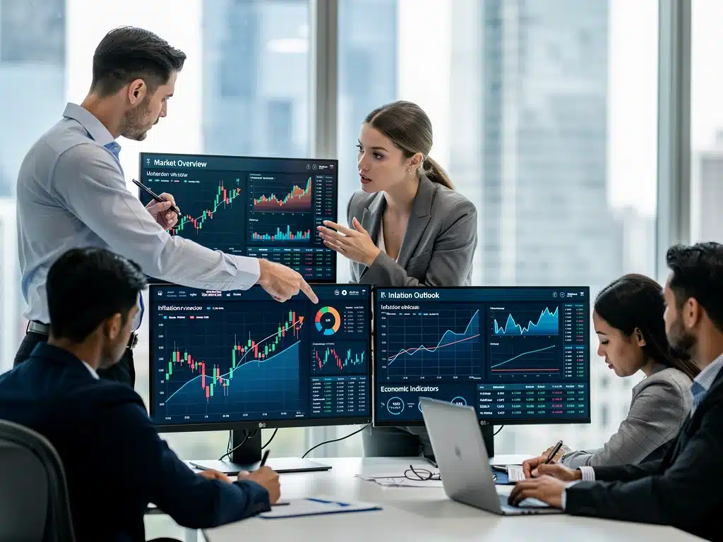 Analistas financieros examinando datos económicos y proyecciones de inflación para ajustar estrategias de inversión.