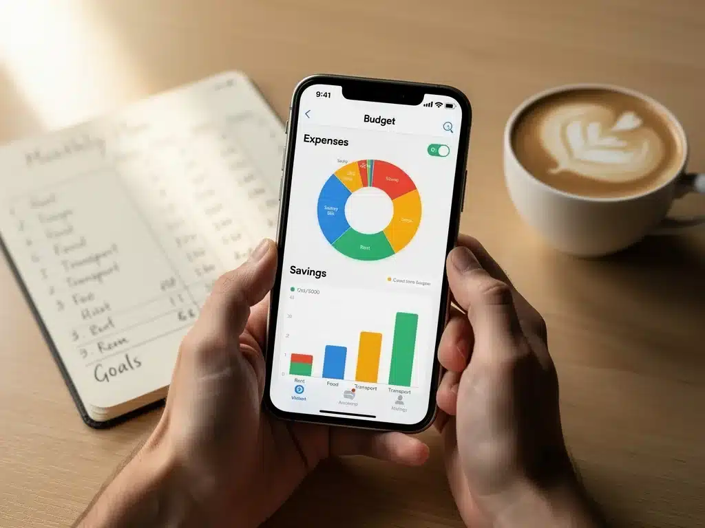 Manos usando una aplicación de presupuesto en un smartphone para gestionar gastos familiares.