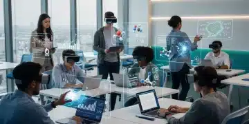Estudiantes diversos interactuando en un entorno de aprendizaje en línea futurista con tecnología avanzada.