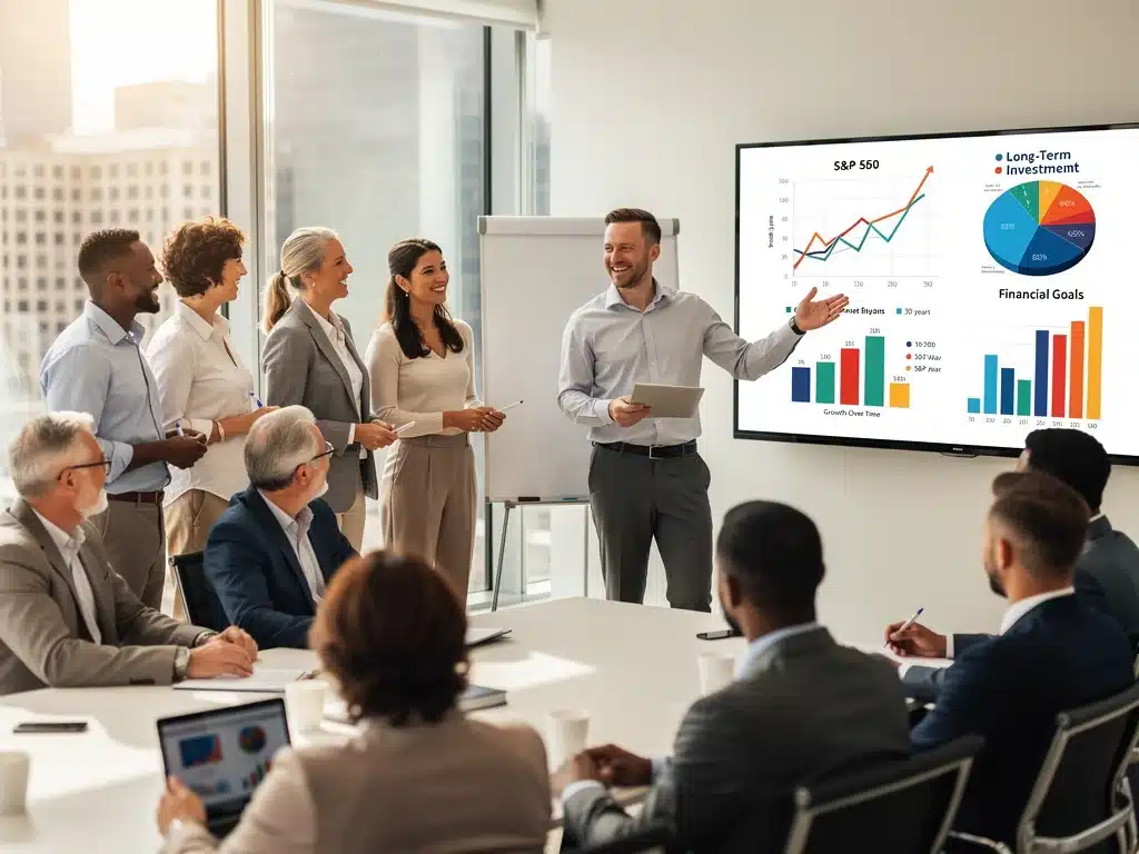 Grupo diverso de inversores recibiendo asesoría financiera sobre fondos indexados y desempeño del S&P 500.