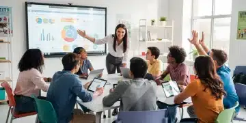 Estudiantes colaborando activamente en un aula moderna con tabletas digitales y pizarras interactivas, fomentando el aprendizaje innovador.