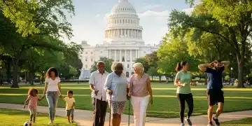 Grupo diverso de personas sonriendo, disfrutando de actividades al aire libre con el Capitolio de EE. UU. de fondo, representando los beneficios de salud del gobierno.