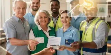 Trabajadores de bajos ingresos recibiendo apoyo financiero y sonriendo, simbolizando los nuevos beneficios para 2026.