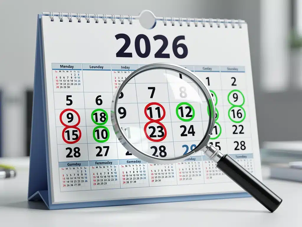 Calendario de 2026 con fechas clave destacadas para beneficios económicos.