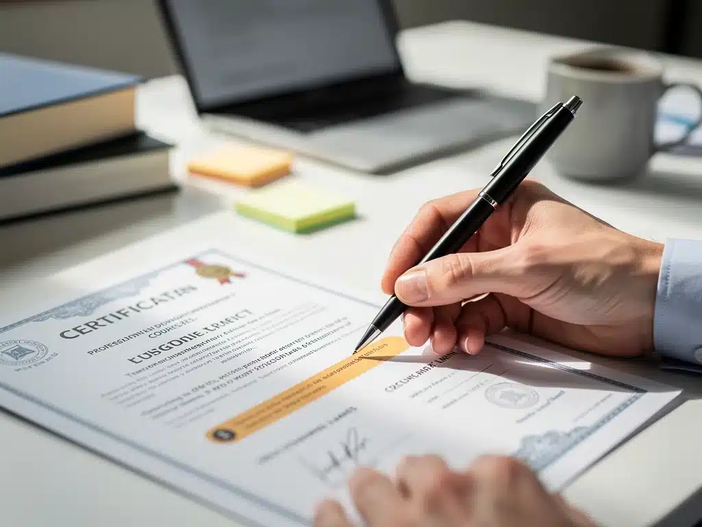 Persona señalando un certificado de habilidad blanda, destacando la importancia de la formación.