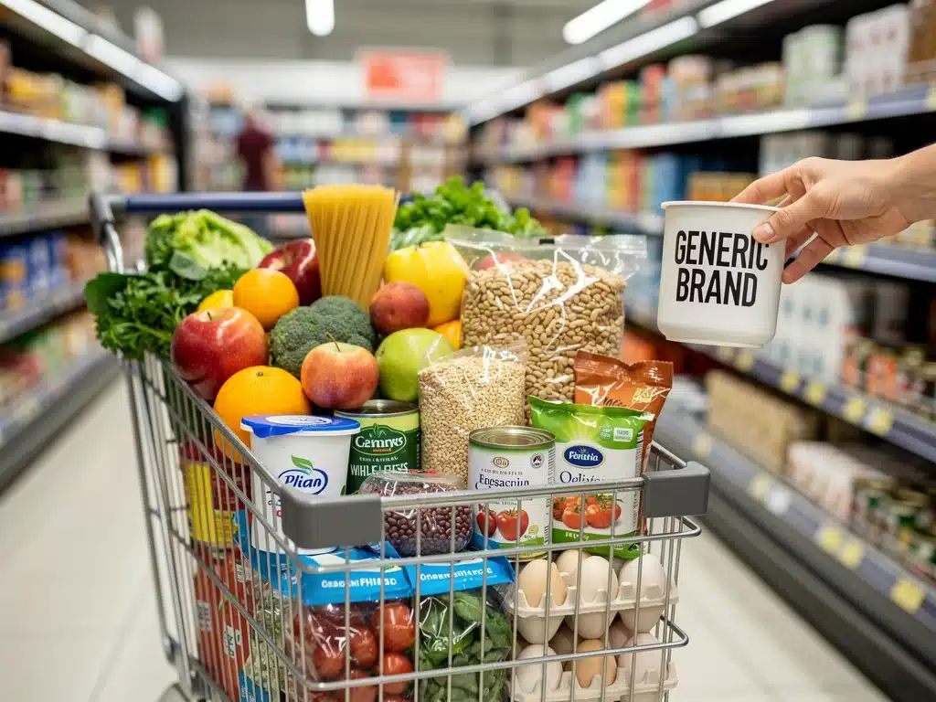 Carro de supermercado lleno de alimentos saludables y económicos, representando compras inteligentes y ahorro en comida.