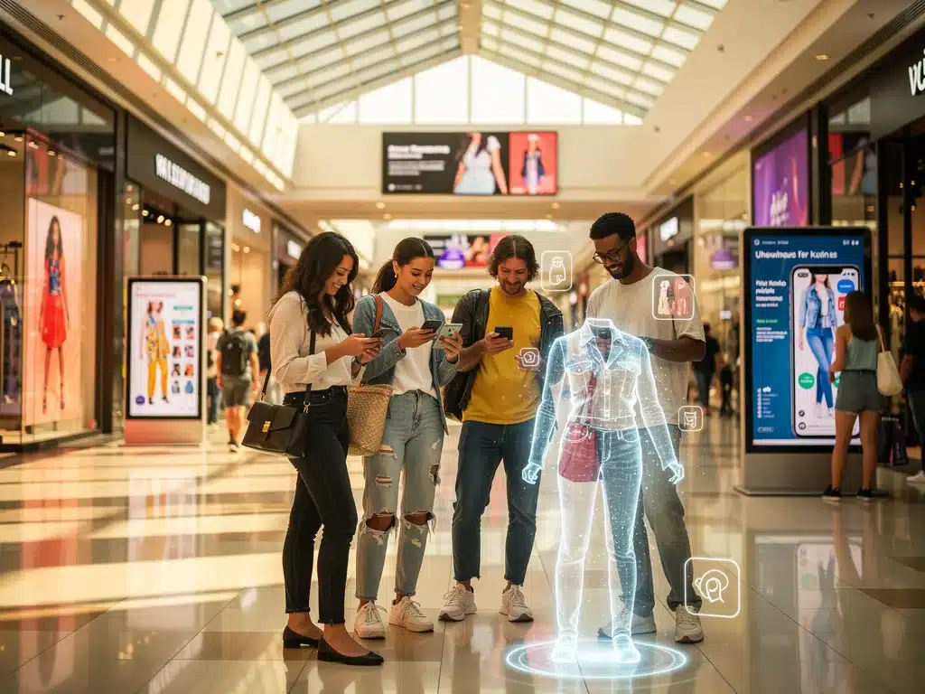 Consumidores en un centro comercial de Estados Unidos interactuando con promociones digitales de moda a través de sus dispositivos móviles.