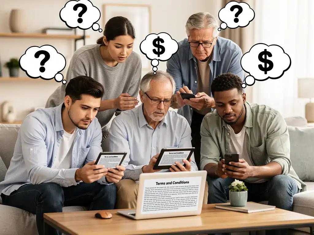 Consumidores revisando términos y condiciones de pruebas gratuitas en dispositivos digitales.