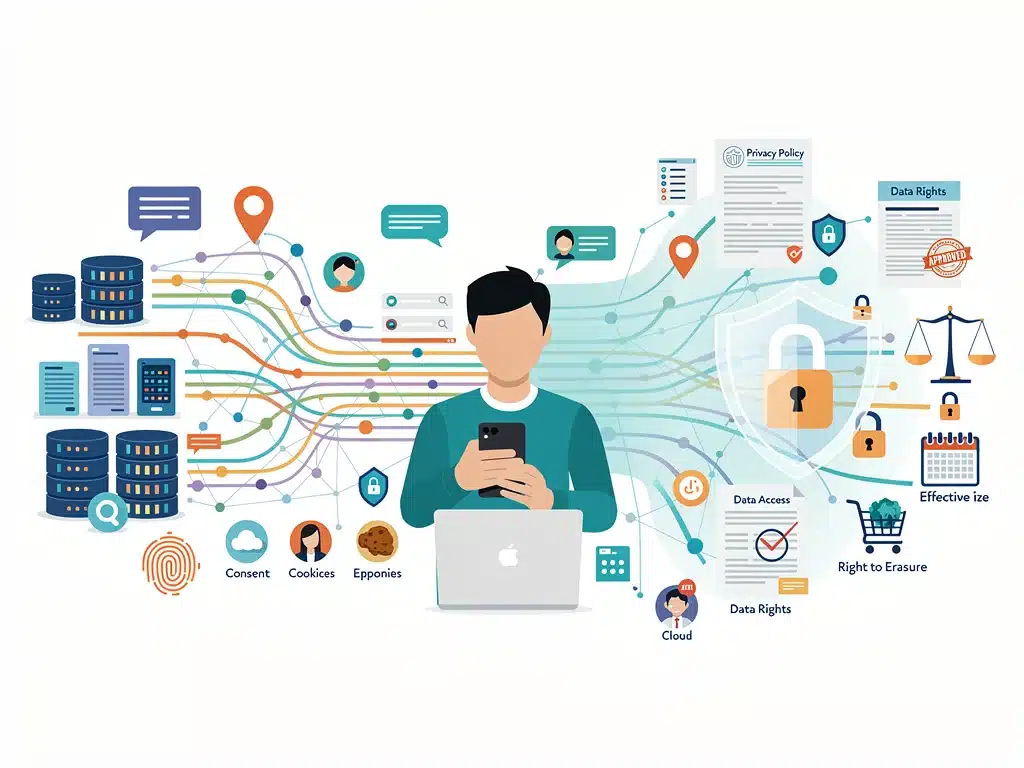 Ilustración de huella digital de una persona con puntos de datos, simbolizando la recolección y protección de información personal.