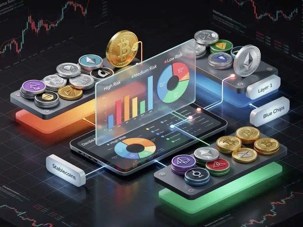 Representación visual de un portafolio de criptomonedas diversificado, mostrando diferentes activos y estrategias de asignación.
