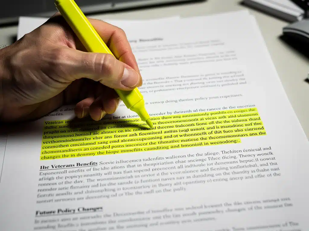 Mano señalando un cambio crucial en un documento de beneficios para veteranos de 2026.