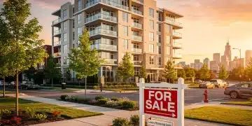 Edificio residencial moderno con letrero de 'Se Vende' en un mercado inmobiliario estadounidense en auge.
