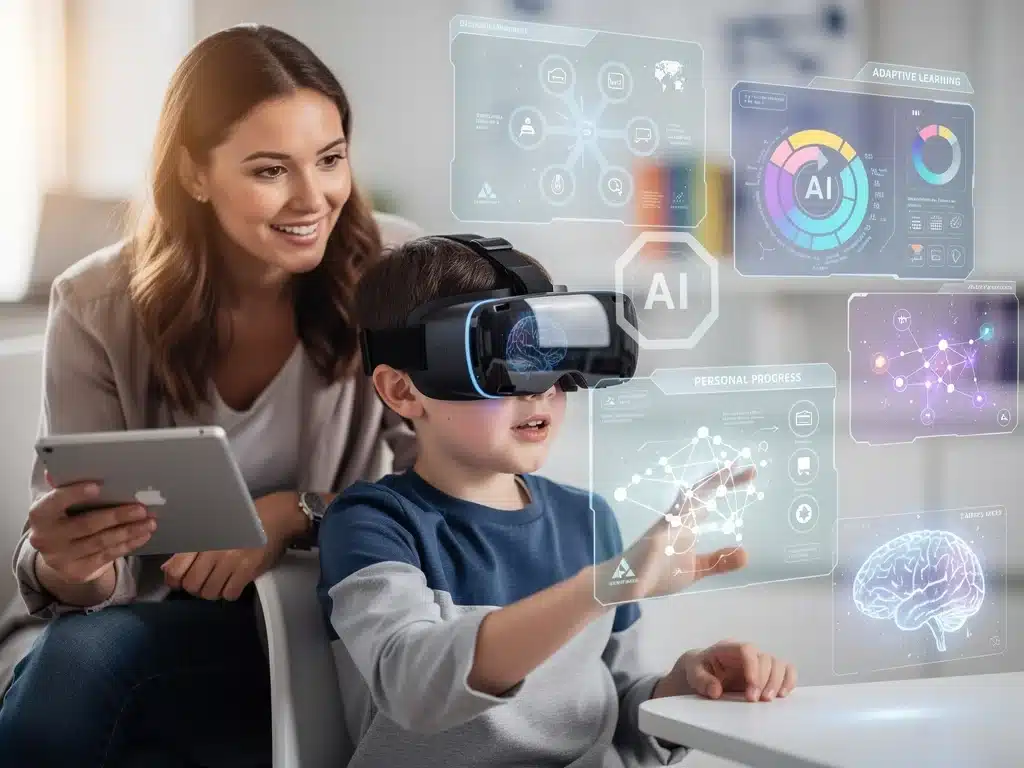 Educador y estudiante en una sesión de aprendizaje personalizado con realidad virtual.