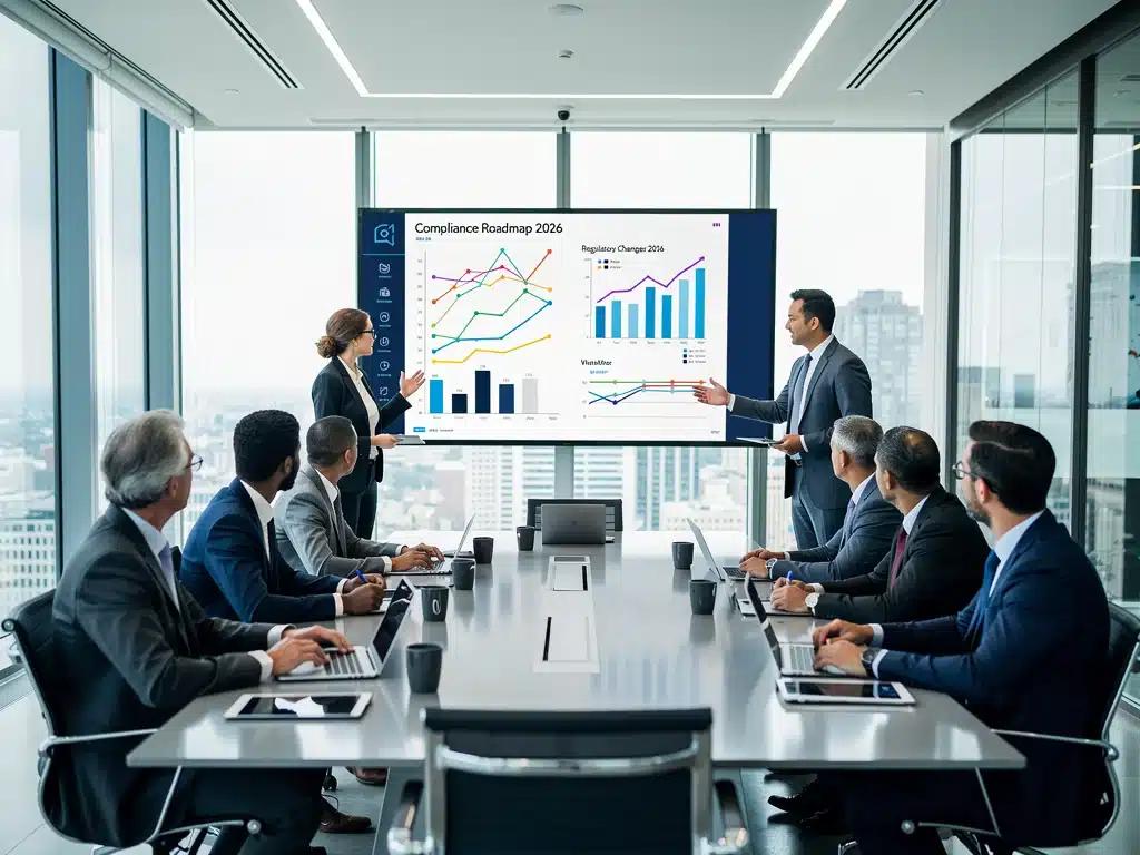 Profesionales de negocios analizando gráficos y regulaciones futuras, discutiendo el impacto de las sanciones por incumplimiento en promociones de 2026.
