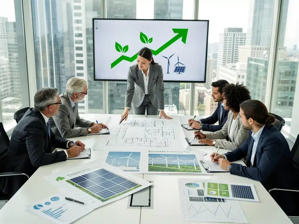 Profesionales de negocios analizando estrategias de inversión en proyectos de energía renovable, discutiendo los beneficios fiscales.