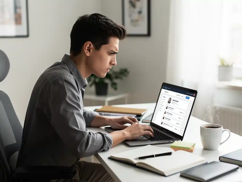 Estudiante enfocado en la búsqueda de empleo en línea y preparación de solicitudes.