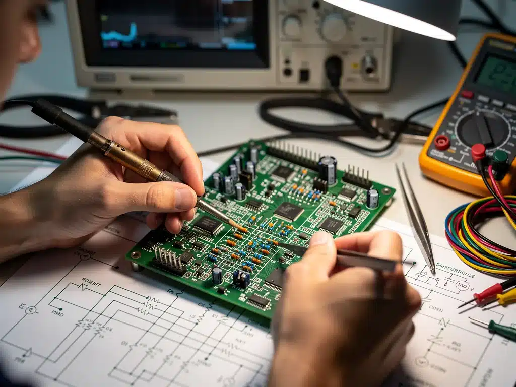 Manos de estudiante trabajando en una placa de circuito, simbolizando la aplicación práctica de estudios STEM.