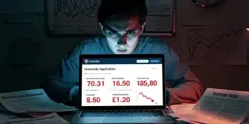Estudiante preocupado analizando información sobre posgrados y finanzas, simbolizando la alerta educativa.