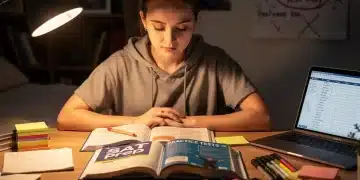Estudiante concentrada en la preparación del examen SAT con libros y laptop, planificando su estudio intensivo de 3 meses.