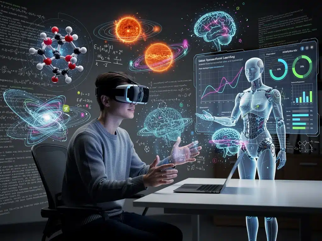 Estudiante explorando modelos científicos en realidad virtual con un tutor de IA, ejemplificando el aprendizaje personalizado.