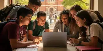 Estudiantes universitarios analizando formularios de ayuda financiera para el año 2026.