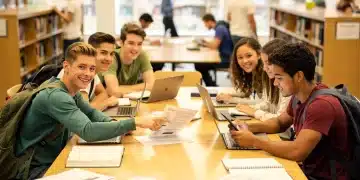 Estudiantes universitarios diversos revisando documentos sobre ayuda financiera y becas en una biblioteca moderna, con expresiones de esperanza.