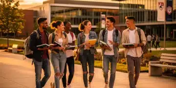 Estudiantes universitarios caminando en un campus moderno al atardecer, simbolizando el futuro y la inversión en educación superior.