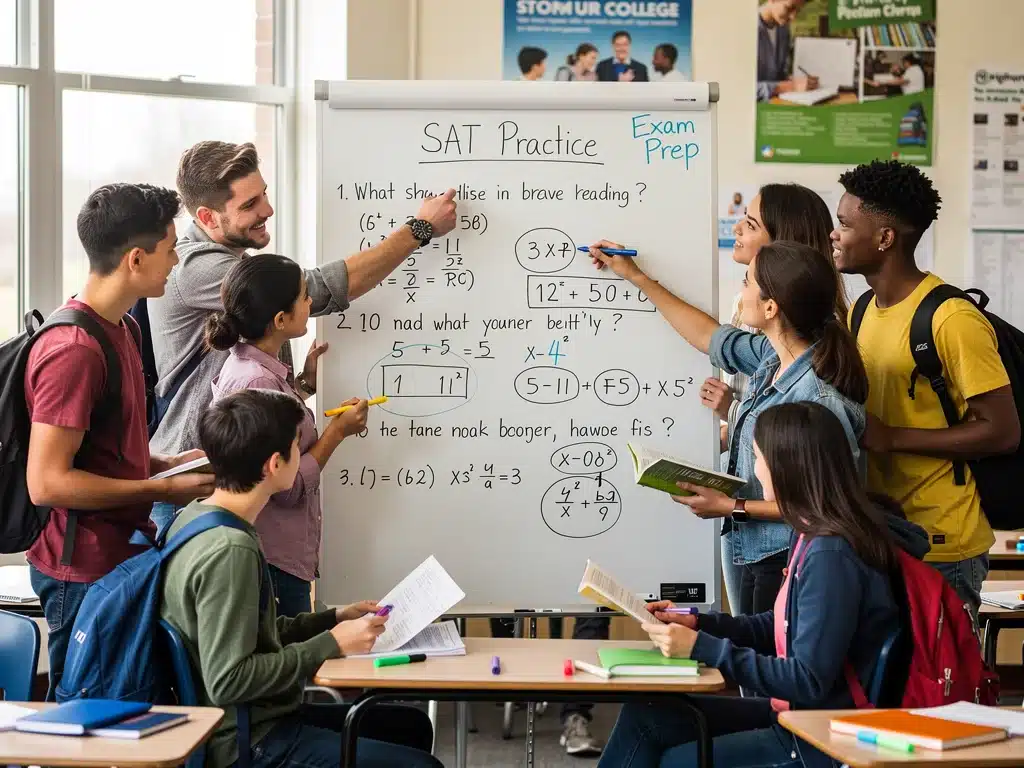 Grupo de estudiantes colaborando en la resolución de problemas del SAT, utilizando un pizarrón y materiales de estudio.